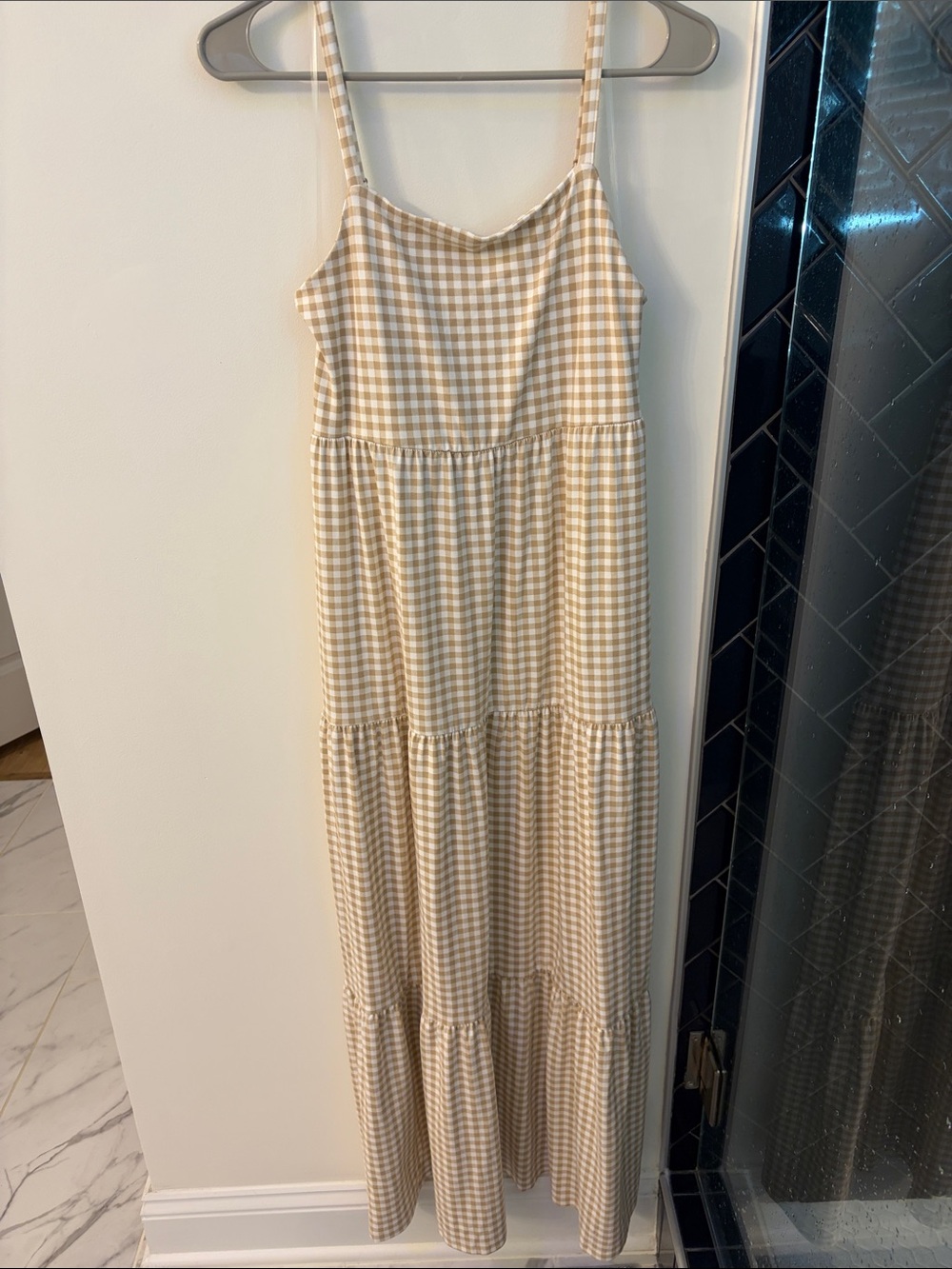 SO Beige and White Gingham Tiered Maxi Dress